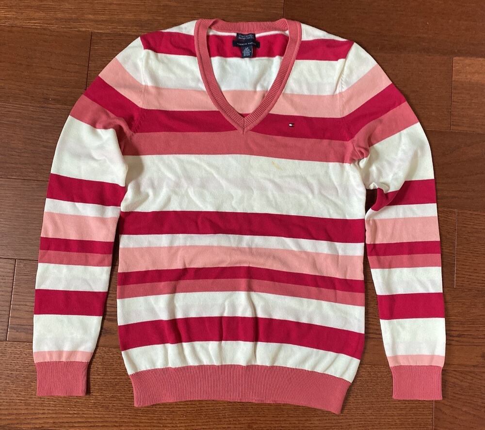 Tommy Hilfiger Sweater Womens Size S Red Pink White Stripe V Neck Long Sleeve